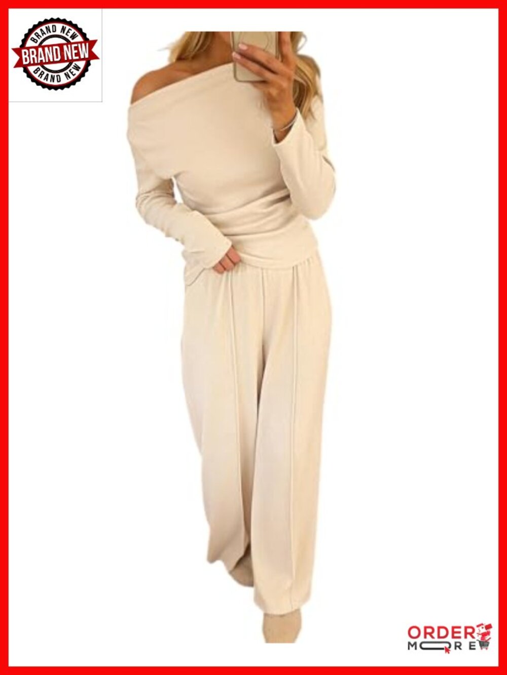 Ribbed Knit 2 Piece Lounge Set Off Shoulder Top Wide Leg Pants